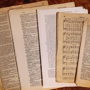 May include: A collection of vintage paper pages with text and music. The pages are yellowed with age and have a worn, antique look. The text includes a dictionary definition of the word "prejudice" and a hymn titled "Others".