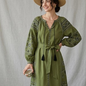 Vestido étnico retro bohemio para mujer, bordado, con cordones, mangas farol, cintura ceñida, vestido largo