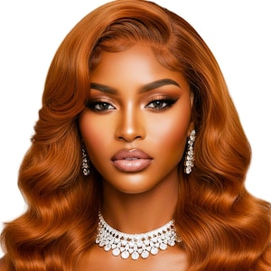 May include: A woman with copper-colored, wavy hair, wearing a diamond necklace and earrings. Her makeup includes defined eyebrows, eyeshadow, and lipstick. The image is a close-up, with a white background.
