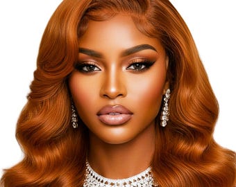 May include: A woman with copper-colored, wavy hair, wearing a diamond necklace and earrings. Her makeup includes defined eyebrows, eyeshadow, and lipstick. The image is a close-up, with a white background.