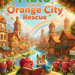 Puede incluir: Ilustración colorida para la portada de un libro infantil, "Pluto y el Rescate de la Ciudad Naranja". Un zorro y una manzana leen un libro sobre una rodaja de naranja gigante. El fondo muestra una ciudad caprichosa con un arcoíris.