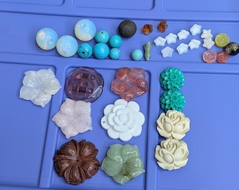 Vintage Carved Gemstone & Resin Flower Beads 37 Piece Bead Lot Opalite Quartz