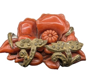 Antique Gold Tone Red Carved Celluloid Flower Brooch Pin