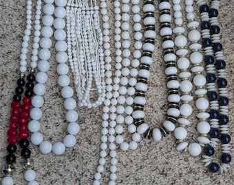 Vintage White Plastic Bead Necklace Lot Set 8 Mid Century Monochrome Modernist