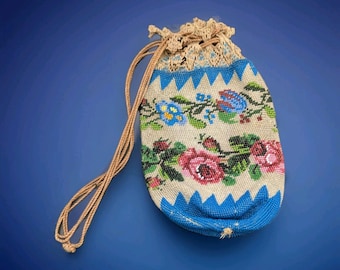 Antique Floral Beaded Flapper Blue Pink Draw String Bag READ