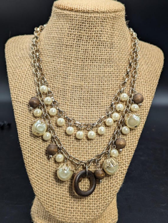 Vintage 2 Strand Gold Tone Faux Pearl Wood Charm Dangle Necklace