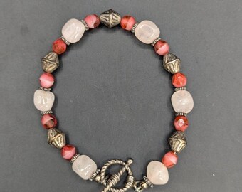 Artisan Sterling Silver Rose Quartz & Pink Glass Bead Toggle Bracelet 7.25