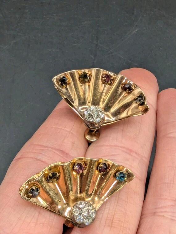 Charles Reis Gold Filled Rhinestone Fan/Shell Screwback Earrings Vintage READ