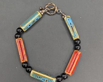 Vintage Artisan Glazed Ceramic Tube Bead Bracelet Sterling Silver 7" Boho Blue