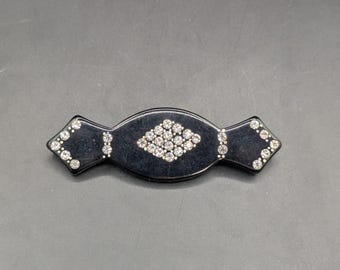 Vintage Art Deco Black Bakelite Celluloid Rhinestone Brooch Pin Candy Lozenge