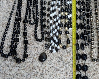 Vintage 11 Black Bead Necklace Lot Glass Plastic Smoky Quartz Wearable/Craft