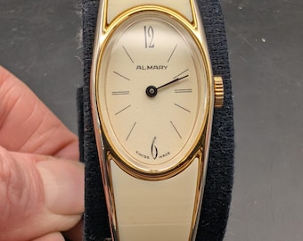 Vintage ALMARY Gold Tone Cream Swiss Mechanical Bangle Watch Mid Century Mod 6"