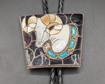 Vintage Zuni Sterling Silver Bighorn Ram Bolo Tie Signed E.A. Zunie Inlay READ
