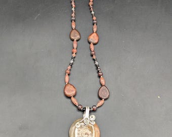 Ammonite Fossil Silver Tone Wire Wrapped Pendant Jasper Stone Beads 20"