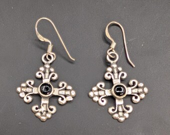 Vintage 925 Sterling Silver CM Fleur De Lis Cross Earrings Black Onyx 3.69g