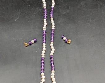 Vintage Freshwater Pearl & Amethyst Necklace Earring Set Gold Tone Clasp
