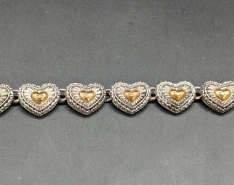 Vintage Silver & Gold Tone Heart Link Magnetic Clasp Bracelet 7.5” Heavy 43g