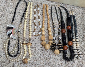 Vintage Wooden Bead & Shell Necklace Lot (8 Pc) Natural Boho Tribal Statement