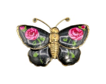 Vintage Hand Painted Butterfly Brooch Black Enamel Pink Rose Gold Tone Pin 1.25