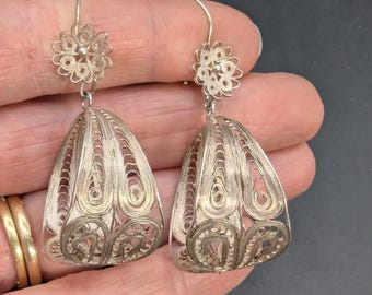 Vintage 925 Silver Large Filigree Flower & Bell Drop Earrings 7.59 Grams