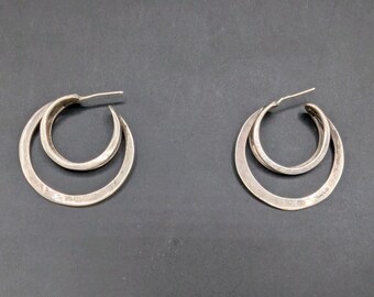Vintage Handmade Sterling Silver 925 Double Layer Hammered Hoop Earrings 7.00g