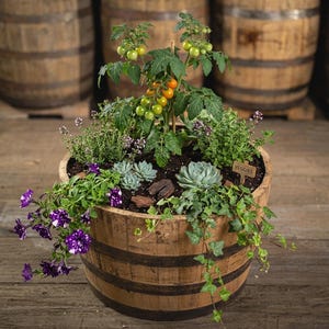 Reclaimed Oak Half Barrel Planter, Rustic Whiskey Barrel Garden Pot, Patio Decor