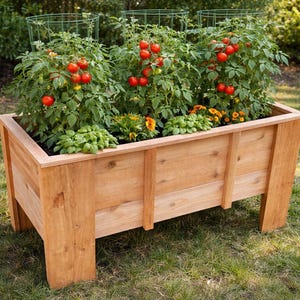 May include: A wooden raised garden bed filled with tomato plants bearing ripe red tomatoes. The bed also contains basil and orange flowers. The garden bed is rectangular and sits on four legs, placed on a grassy lawn.