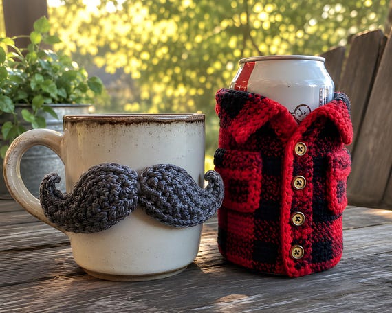 Crochet Mustache Mug Cozy & Plaid Beer Can Koozie Pattern Bundle (PDF Download)