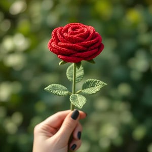 Puede incluir: Una rosa roja hecha a mano con ganchillo, con hojas y tallo verdes. La rosa está en plena floración, mostrando un trabajo detallado de pétalos. Las hojas tienen una apariencia texturizada. El fondo es un verde suave y borroso.