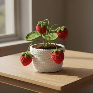 May include: A crocheted strawberry plant in a white pot. The plant features bright red strawberries with green tops and green leaves. The pot sits on a wooden table near a window, creating a cozy, handmade aesthetic.