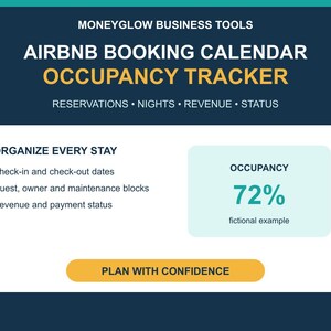 Könnte beinhalten: Ein digitales Airbnb-Buchungskalender- und Belegungstracker-Tool von Moneyglow Business Tools. Die Benutzeroberfläche zeigt Text, einschließlich Organize Every Stay, Check-in- und Check-out-Daten, Gäste-, Eigentümer- und Wartungsblöcke sowie Umsatz.