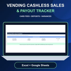 Op de afbeelding: Een digitaal spreadsheet-sjabloon voor het bijhouden van cashless verkopen en uitbetalingen van verkoopautomaten, weergegeven op een laptopscherm. Het dashboard bevat kolommen voor bruto kaartverkopen, totale kosten, uitbetalingen en status.