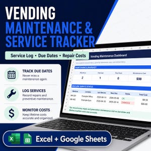 May include: A digital vending maintenance and service tracker displayed on a laptop screen. The interface includes a Vending Maintenance Dashboard with sections for maintenance snapshots, machine service status, due dates, and repair costs.