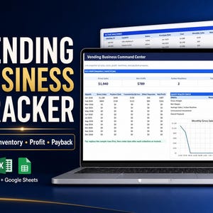 Könnte beinhalten: Ein digitaler Vending-Business-Tracker auf einem Laptop-Bildschirm, der ein Dashboard mit Leistungskennzahlen, monatlichen Verkaufstabellen und einem Bruttoumsatzdiagramm zeigt. Enthält Excel- und Google Sheets-Symbole für die Softwarekompatibilität.