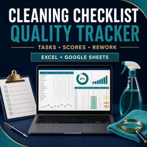 May include: A digital cleaning checklist quality tracker for Excel and Google Sheets displayed on a laptop screen. The image features a clipboard with a checklist, a spray bottle, a pen, and a magnifying glass on a dark blue surface.