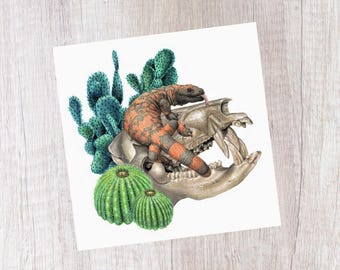 Gila Monster Watercolor Giclée Print – Javelina Skull, Desert Art (8"x8")