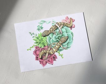 Western Banded Geckos with Succulents Watercolor Painting - Studio WC Giclée Art Print 8"x10"