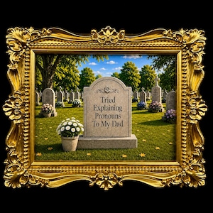 May include: A rectangular, ornate gold frame surrounds a scene of a cemetery with green grass and trees. In the center, a stone headstone features the engraved text: Tried Explaining Pronouns To My Dad. Potted white flowers sit near the base.