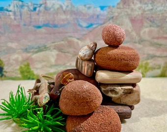 May include: A stacked arrangement of various stones and pebbles in shades of brown and tan. A small, tan lizard figurine rests near the base, with green plant-like accents. The background features a landscape of mountains and a blue sky.