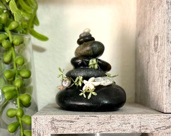 Mini Stone Cairn Sculpture –  Zen Accent, Coastal Decor, Natural Beach Stones ~ 7