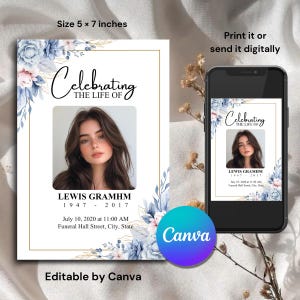 May include: A 5 x 7 inch funeral program template featuring blue and pink floral accents, a central photo placeholder, and text reading Celebrating the Life of Lewis Gramhm 1947-2017, July 10, 2020 at 11:00 AM, Funeral Hall Street, City, State.