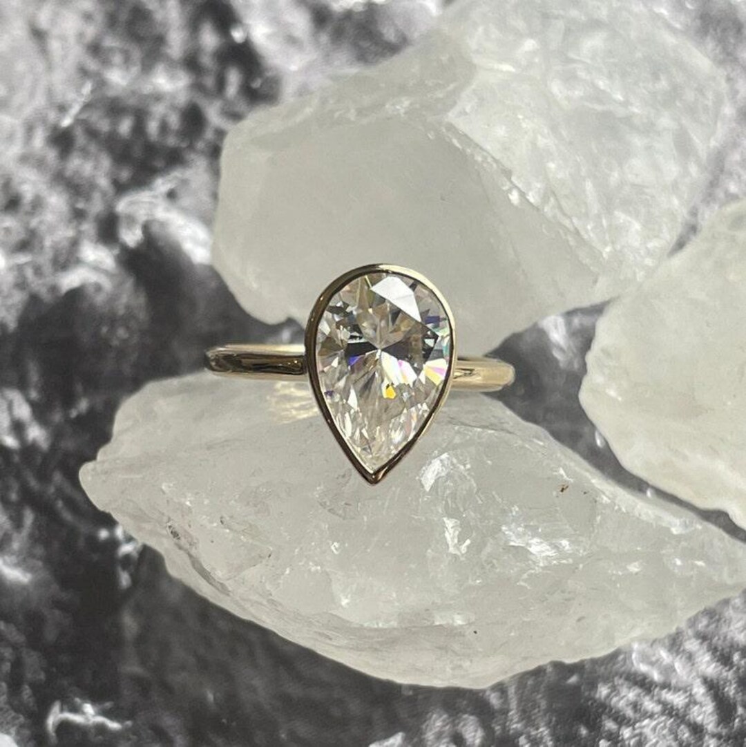 Pear Diamond Engagement Ring: Yellow Gold Bezel Solitaire - Etsy