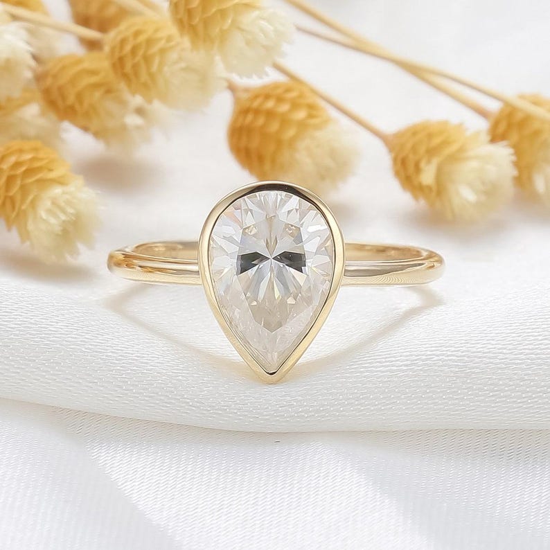 Pear Diamond Engagement Ring: Yellow Gold Bezel Solitaire - Etsy