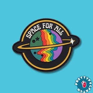 Space For All Rainbow Planet PVC Patch | LGBTQ Pride Space Morale Badge | 3D Rubber Loop and Hook Patch