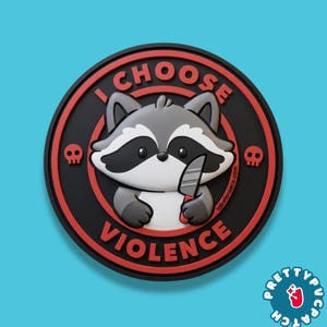 I Choose Violence PVC Patch Funny Raccoon Knife Rubber Morale Patches Cute Meme Animal Badge for Hook and Loop Backpack