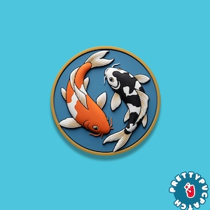 May include: A circular patch featuring two koi fish in a yin-yang arrangement. One fish is orange and white, the other is black and white, set against a blue background with a gold border. The patch has a 3D effect.