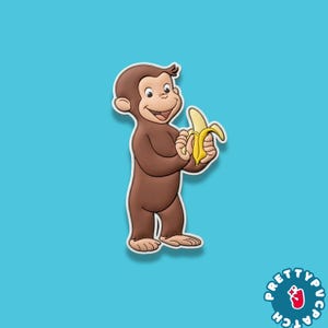May include: A brown cartoon monkey holding a yellow banana, set against a light blue background. The monkey has a smiling expression. The image includes a logo in the bottom right corner.