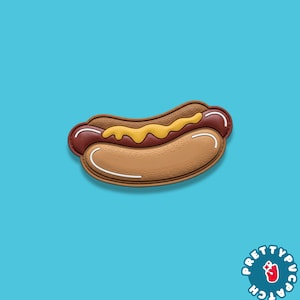 May include: A brown hot dog with a red sausage, yellow mustard, and a light brown bun. The hot dog is set against a bright blue background. The image has a cartoon-like style.