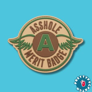 May include: A circular beige patch featuring a central brown circle with a large green letter A. The text ASSHOLE MERIT BADGE is embossed in brown around the center. Green wings extend from the sides of the circle, and a green border outlines the patch.