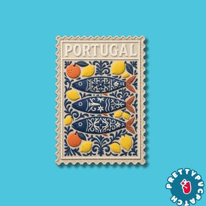 Portugal Postage Stamp PVC Patch Sardines and Citrus Mediterranean Tile Travel Souvenir Rubber Badge for Backpacks